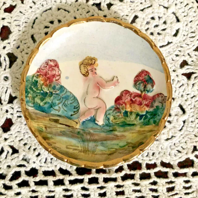 Antique CAPODIMONTE Italy Cherub HAND-PAINTED HANGING WALL PLATE Gold Trim