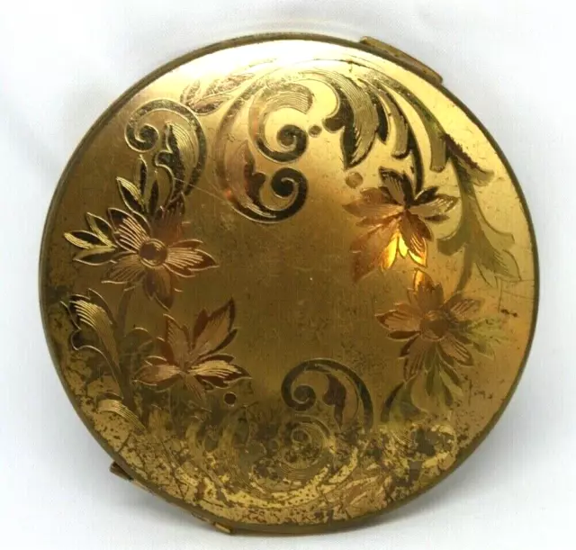 Elgin American Round Mirror Powder Compact Etched Brass Floral Made in USA