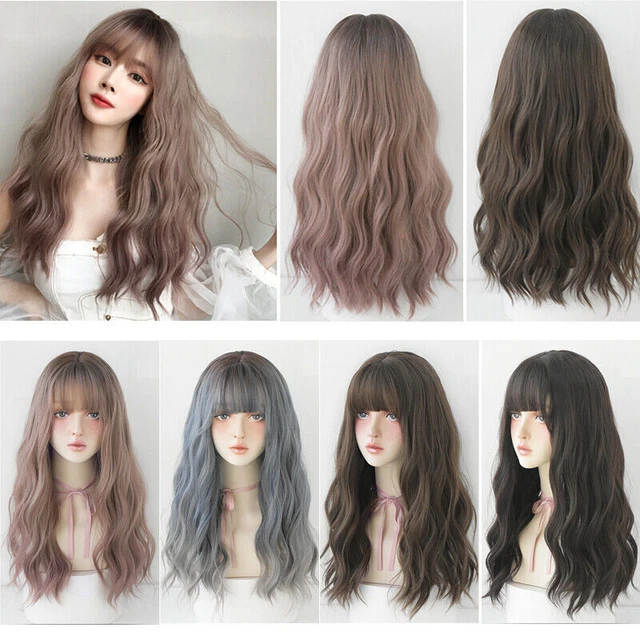 23" Long Curly Hair Air bangs Full Wigs Womens Party Cosplay Fashion Wavy Wig I