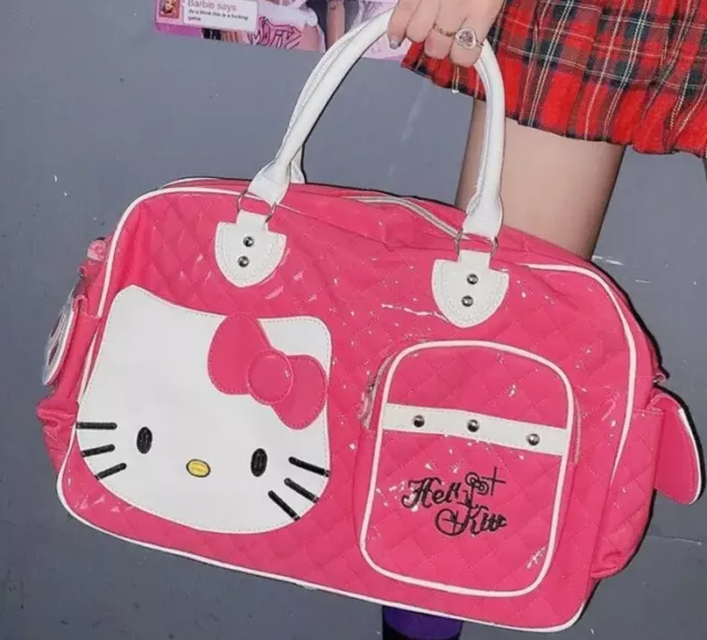 RED HELLO KITTY Kawaii Stitched Bow Handbag Shiny Kitty Duffle Bag ...