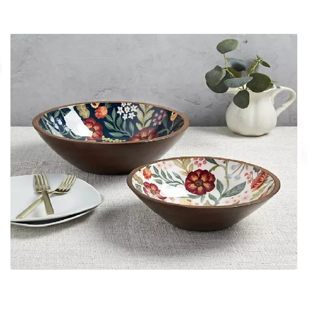 Set of 2 Mango Wood Serving Bowls Scarlet Floral