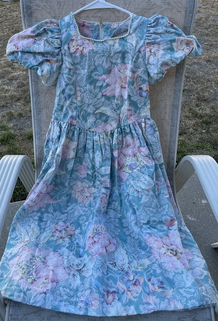 Vintage Storybook Heirlooms Blue Floral Tapestry Dress Girls Size 8 80s 90s