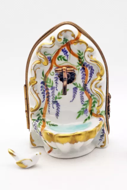 New French Limoges Trinket Box Amazing Wisteria Fountain with Removable Bird