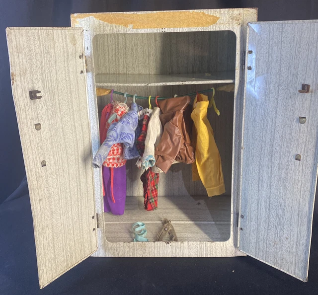 Metal Doll Closet Wardrobe Cabinet Gray Wood Print With Clothing/Hangers 1950s