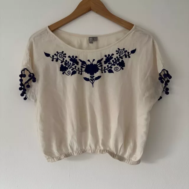 Asos Blouse Top Off-White Size 8 EUR 36 Embroidered Floral Pompom Women's
