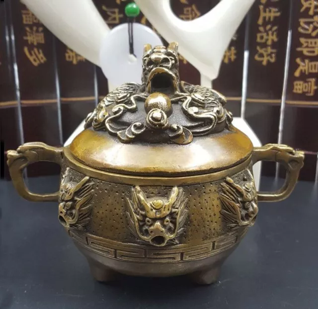 Antique folk collectable Old Bronze Incense Burners Lid w Dragon Censer Signed