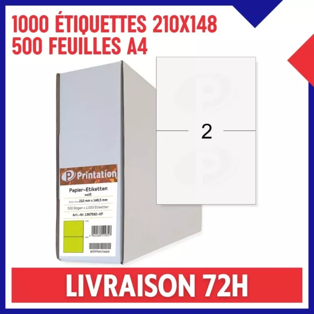 1000 Étiquettes Adhésives d'expédition A4 Blanches Autocollantes 2 par Feuille