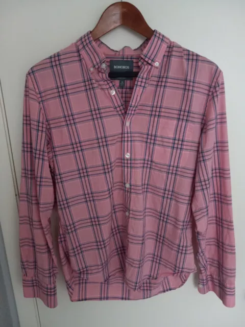 Bonobos Shirt Men's Medium Short Pink/Blue Plaid Tailored Slim Fit L/S Button Up