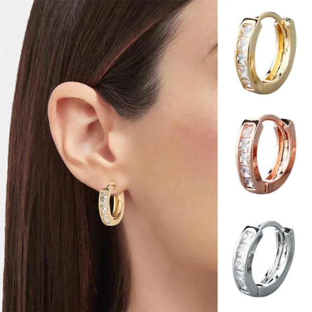 Gold Silver Plated Square Small Cz Huggie Hoop Earrings Women Men Ear Stud Gift-