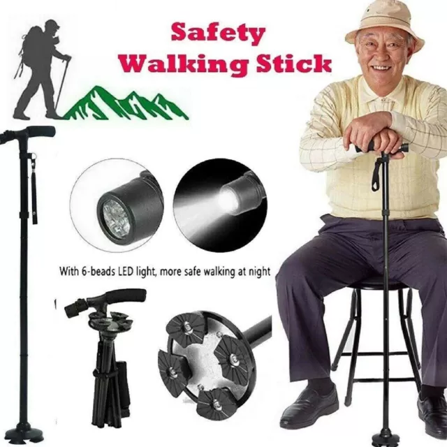 Adjustable Walking Stick Cane Folding With Light LED Strap Handle Black Metal AU