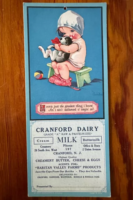 Vintage Cranford Dairy NJ 1920s Milk Ad Baby Hugging Puppy Advertising Blotter