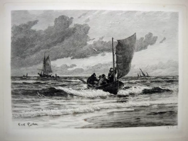 Carl Locher, large etching. Marine with fishermen in a boat 1899