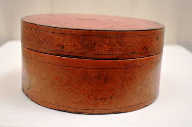 Antique Burmese (Bagan) Red Lacquered Coiled Bamboo Betel Nut Box Hand Painted"2 4
