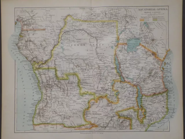 Landkarte von Äquatorial - Afrika, Kongo, Angola, Kolonien, Meyer 1896