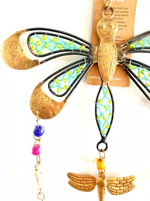 Hand Made Indian Metal Iron Dragonfly Bells Beads Garden Wind Chime Mobile