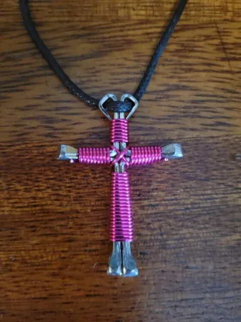 Horseshoe Nail Disciple Cross Necklace (Hot Pink) Buy 3 Get 1 FREE!! Hand Made