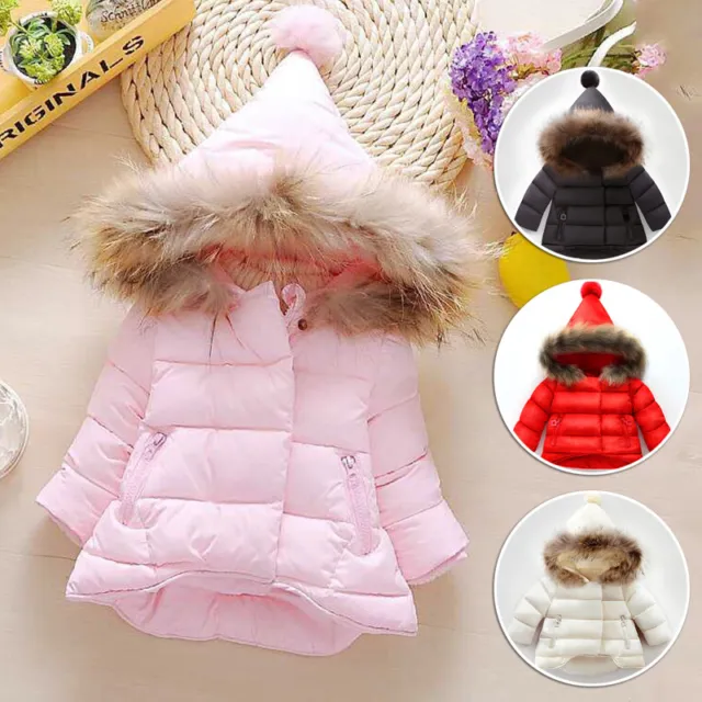 Boys Girls Winter Warm Jacket Kids Padded Puffer Faux Fur Collar Quilted Parka