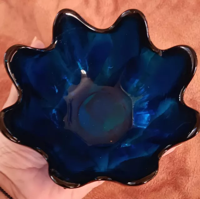 Cobalt Blue Blenko Lotus Bowl Unsigned 5.5” Diameter. Vintage