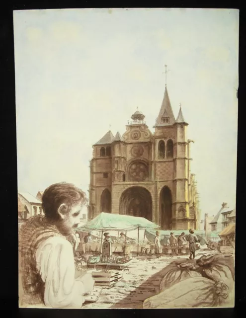 Escena De Mercado Devant Una Catedral O? c1900 Dibujo Original Para Acuarela