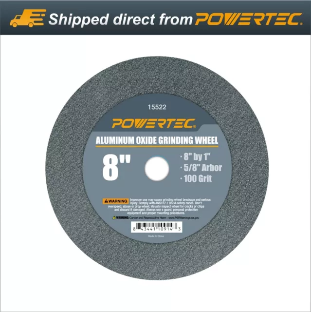 POWERTEC 15522 Aluminum Oxide Grinding Wheel 100 Grit, 8  x 1  with 5/8  Arbor