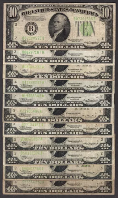 Lot of 11 1934 $10 Ten Dollar Bills "Gold on Demand" Lime Green Seal S495