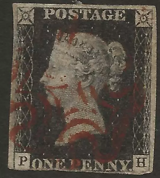GB 1840 SG2 1d Penny Black PLATE 1a Lettered PH 3 Margin Dark Red MX