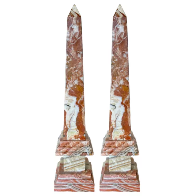 Pair Of Obelisks IN Marble Red Veined Sculpture Table Home Decor H 30cm