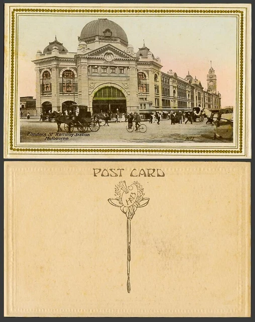 Australien alte Postkarte Melbourne, Flinders Street Bahnhof, Radfahrer