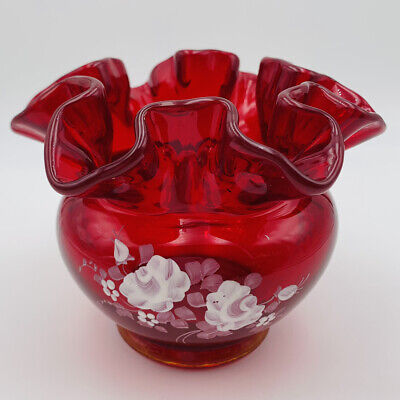 Fenton Ruby Red Ruffle Vase Hand Painted Flowers Signed  4” UV Manganese