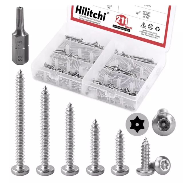 Hilitchi 210 Pcs #6 Stainless Steel Button Head Torx Sheet Metal Screws Silver S