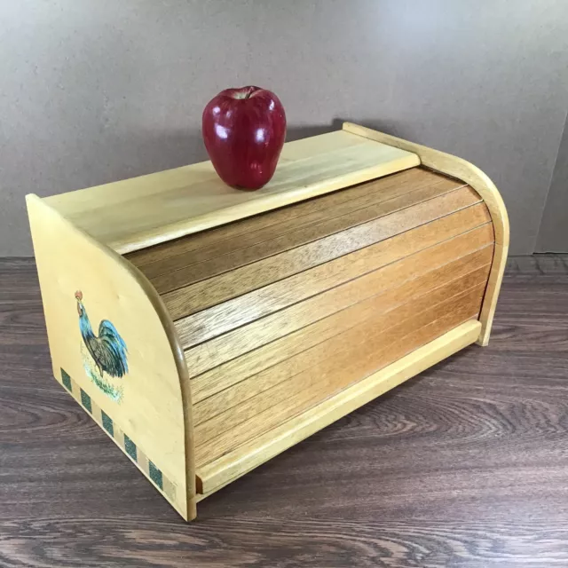 Vintage Breadbox Wooden Front Roll Up Accordion Top Counter Top Brown Farmhouse