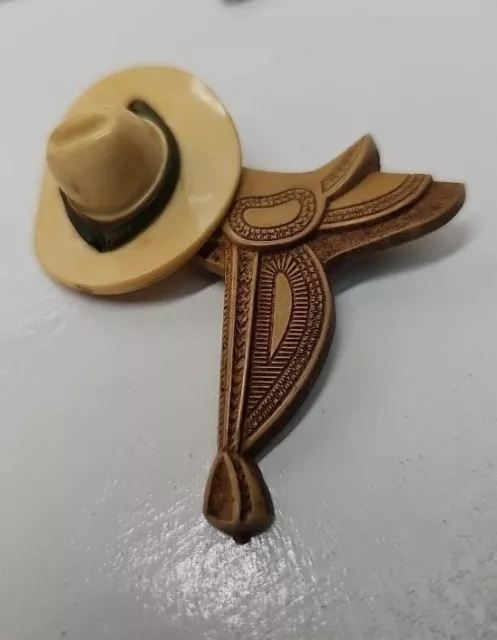 Cute Vtg Retro Plastic Horse Saddle w Dangle Cowboy Hat Pin Brooch Celluloid