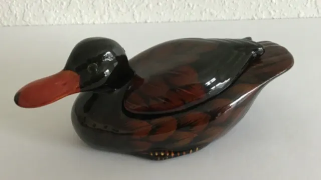 Vintage Ceramic Trinket Box Glass Eyes Hand Painted Red Brown Duck 1