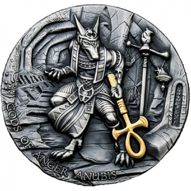 ANUBIS GODS OF ANGER 2019 2 oz Silver Coin Selective Gold Plating Niue