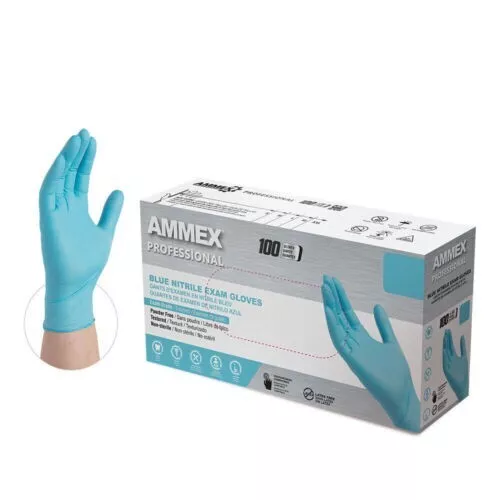 AMMEX Blue Nitrile Disposable Medical/Exam Gloves 3 Mil Latex Free 100/Box MED