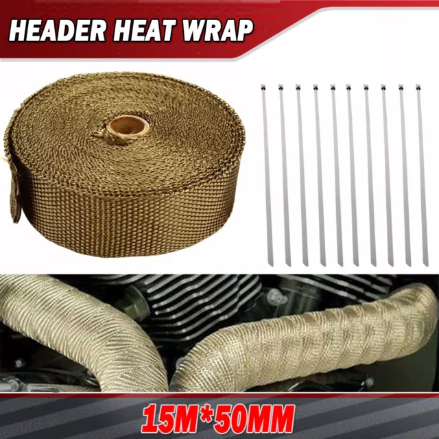 15m Roll x 2" 50ft Titanium Lava Header Manifold Exhaust Heat Wrap Tape Ties Kit
