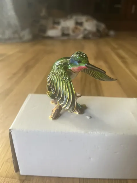 Green Bejeweled Humming Bird Trinket Box Nobility Great Condition