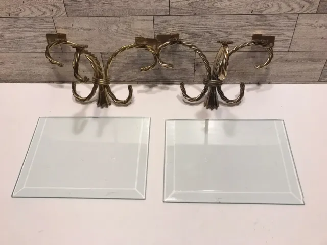 2 Vintage Twisted Gold Toned Metal and Glass Wall Shelves Home Interiors Homco#4