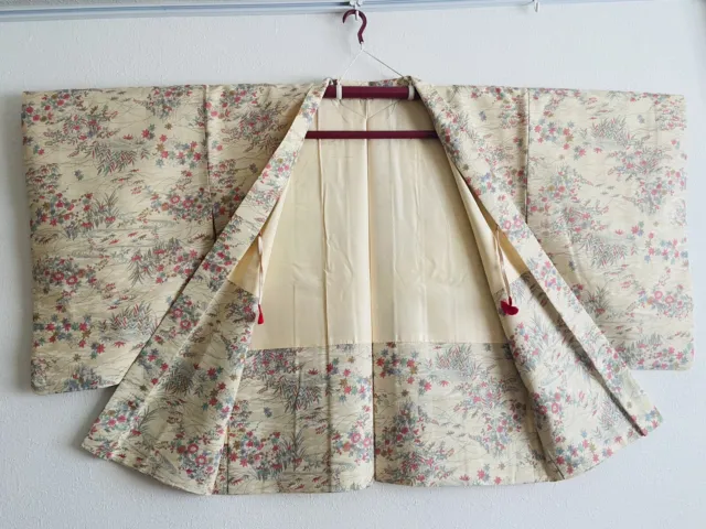 Vintage Kimono Haori Jacket Japanese Silk - White / Japanese flower garden-Goun