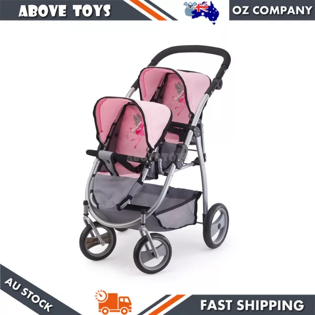 Twin Tandem Doll Pram Stroller Pink & Grey Toddler Toy For Dolls Up To 46cm