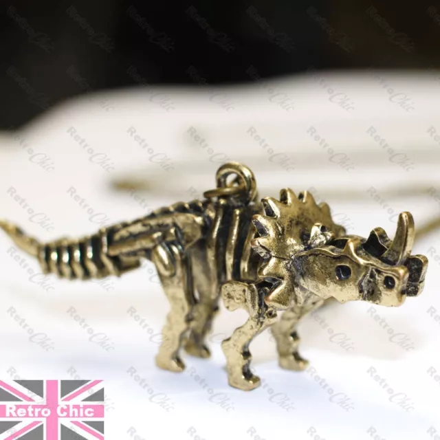 BIG TRICERATOPS pendant LONG NECKLACE dinosaur skeleton GOTHIC gold/silver tone