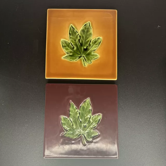 TWO Pottery Barn Fall Leaf Glazed TRIVET Tile Hot Plates Made in Italy 6" x 6"