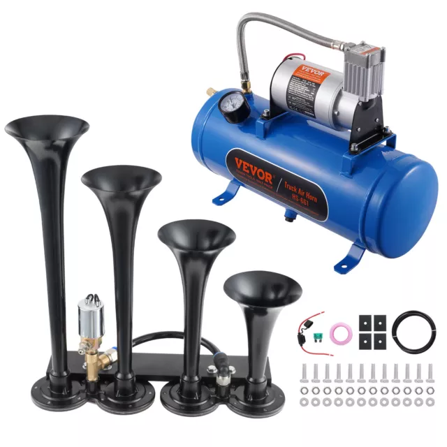 VEVOR Train Air Horn Kit W/12V 150db Compressor 6L Tank Sound System 4 Trumpet