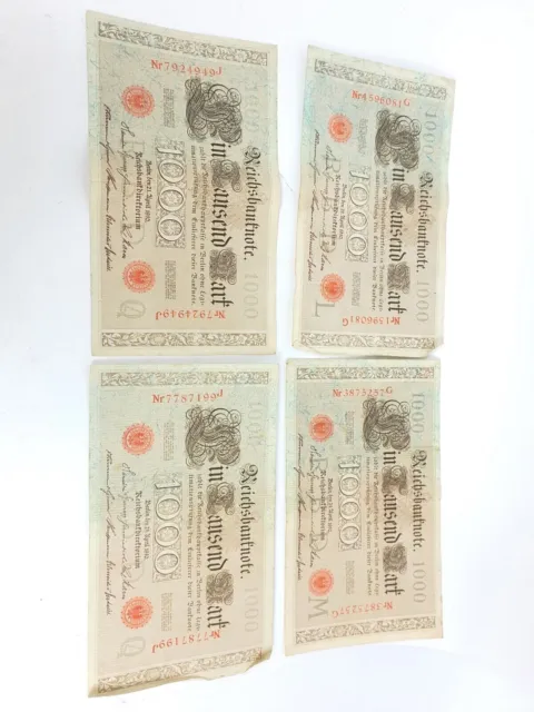4X 1000 Mark 1910 Reichsbanknote number and stamp red, slightly used