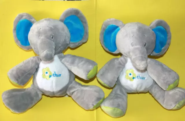 Arthur Et Lola Bebisol 2 Doudou Elephant Gris Bleu Vert Fleur Arthur Etat Neuf