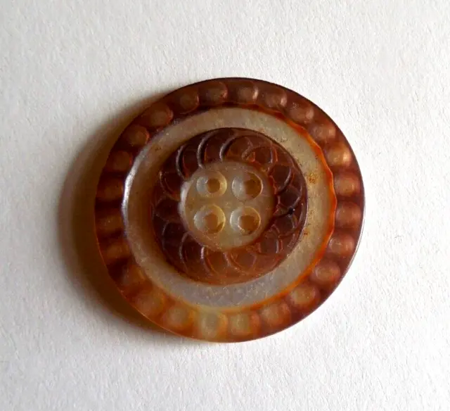 Vintage Large MOP Shell Two Color 4 Hole Carved Button  -  1  1/4"