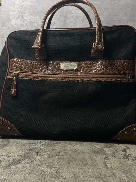 Samantha Brown Black Woven Fabric Brown Croco Embossed Overnight Carry On Bag 3