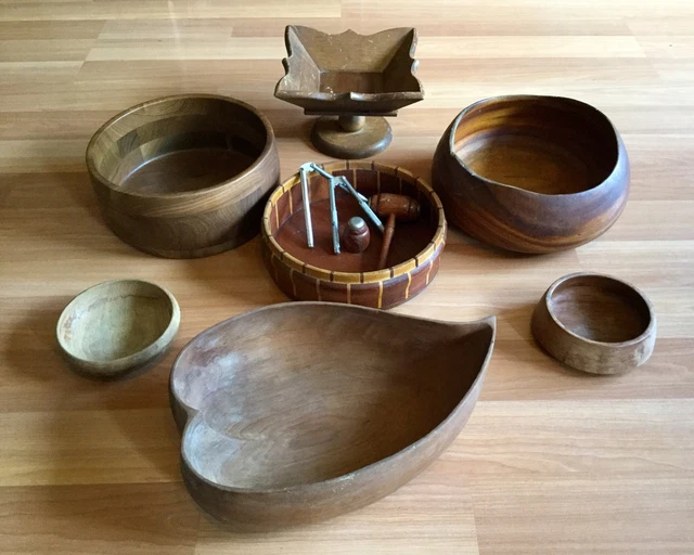 Old Vtg Nut Cracker Teak Wood Dolphin Kustom Kraft Black Walnut Bowl Mallet Lot