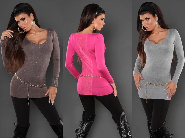 Pullover Donna Maglione Lungo Maxi Pull Abito in Maglia Pizzo Borchie Maxipull