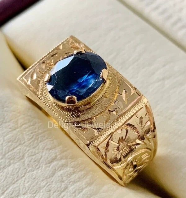 Natural Blue Sapphire Ring with 14k Yellow Gold Ring Men's Ring